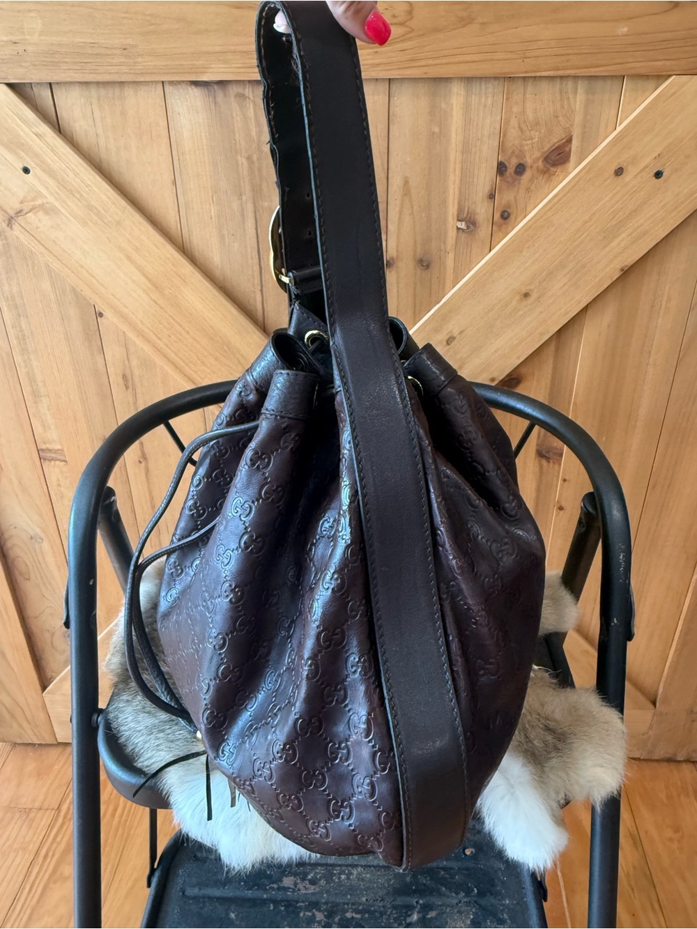Gucci Dark Brown Embossed Leather Drawstring Hobo Bag - Picture 3 of 10